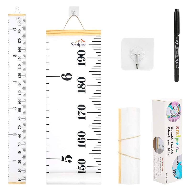 Smlper Growth Chart for Kids,Child Height Chart Ruler for Wall,White Grey Wood Frame Fabric Canvas Height Measurement Ruler for Kids Nursery Room,Removable Wall Decor 79"x7.9" - Image 1